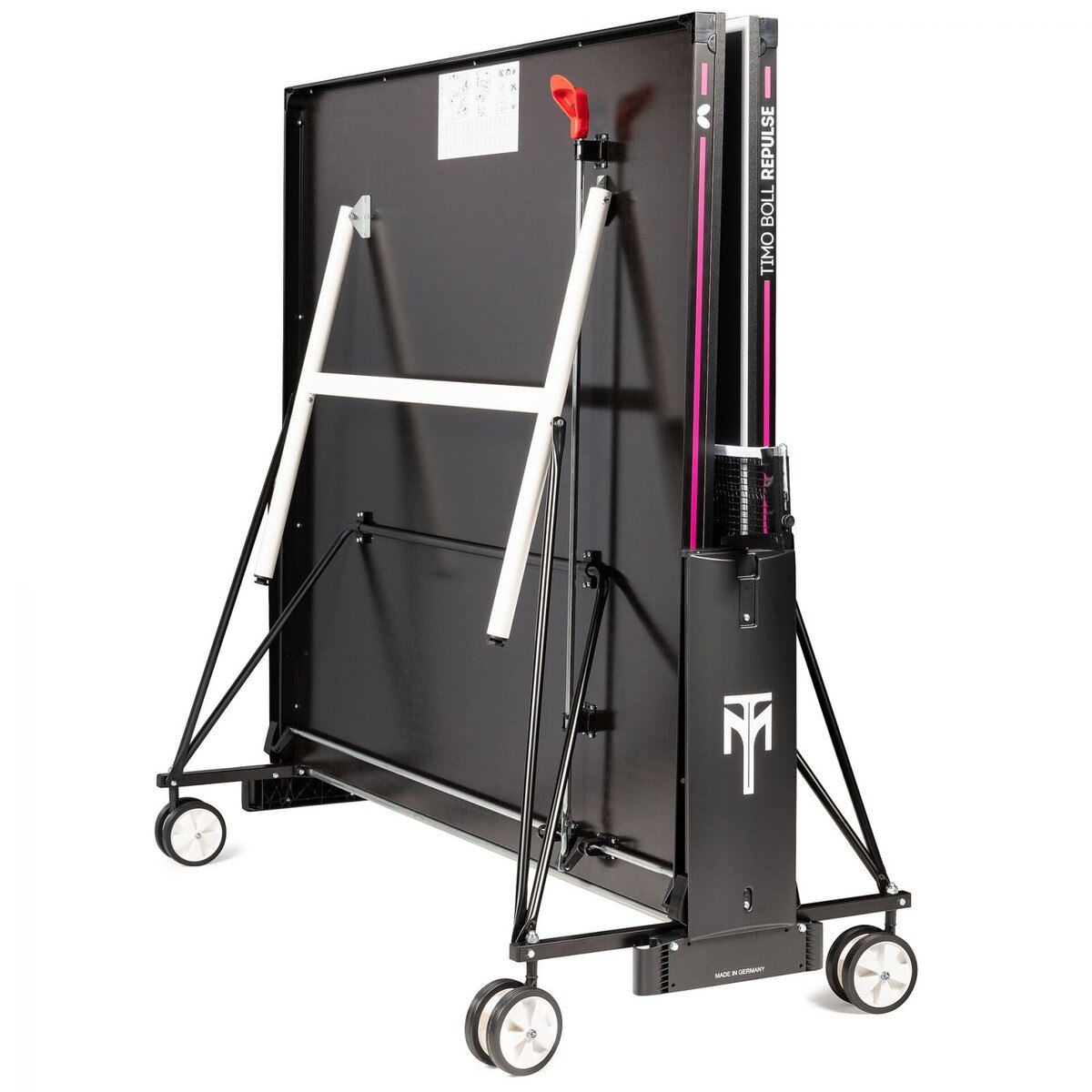 Another view of the Butterfly Timo Boll Repulse Indoor Ping Pong Table in the storage position in a 3/4 view of the side profile.